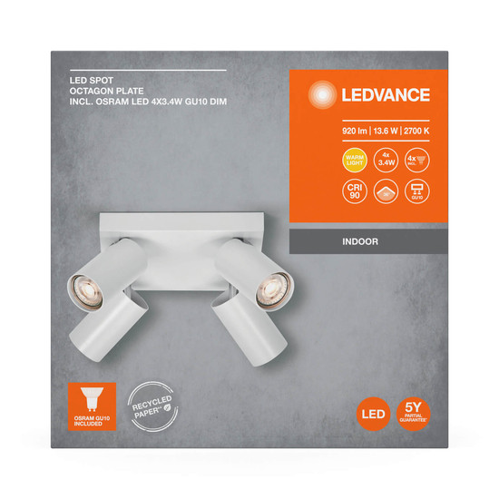 LEDVANCE LED Deckenleuchte SPOT OCTAGON WHITE Plate 4x3.4W 927 DIM Warmweiss 4058075833258