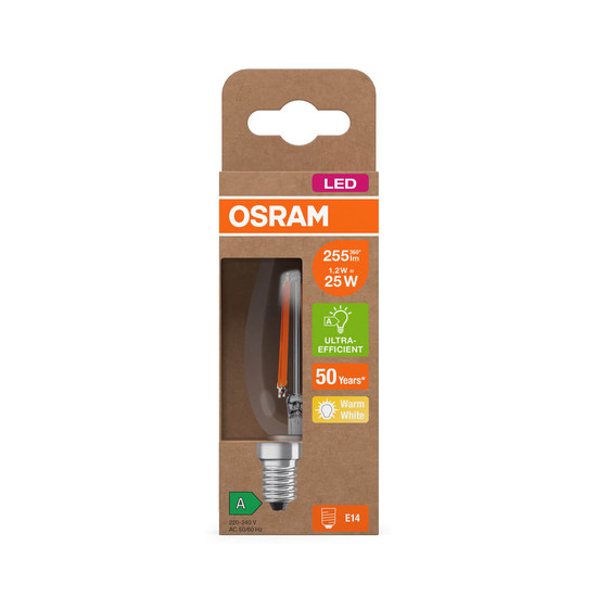 OSRAM LED Lampe CLASSIC B höchste Energieeffizienzklasse A 1.2W 827 Clear E14 Warmweiss 4058075839229