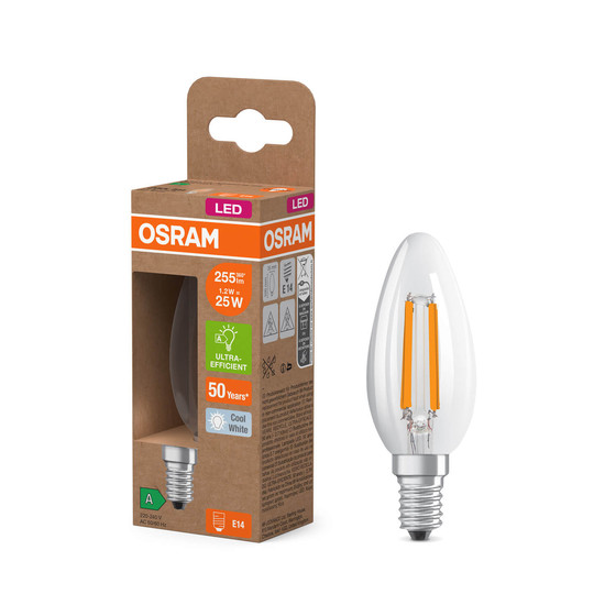 OSRAM LED Lampe CLASSIC B höchste Energieeffizienzklasse A 1.2W 840 Clear E14 Neutralweiss 4058075839243