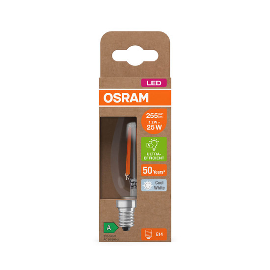 OSRAM LED Lampe CLASSIC B höchste Energieeffizienzklasse A 1.2W 840 Clear E14 Neutralweiss 4058075839243