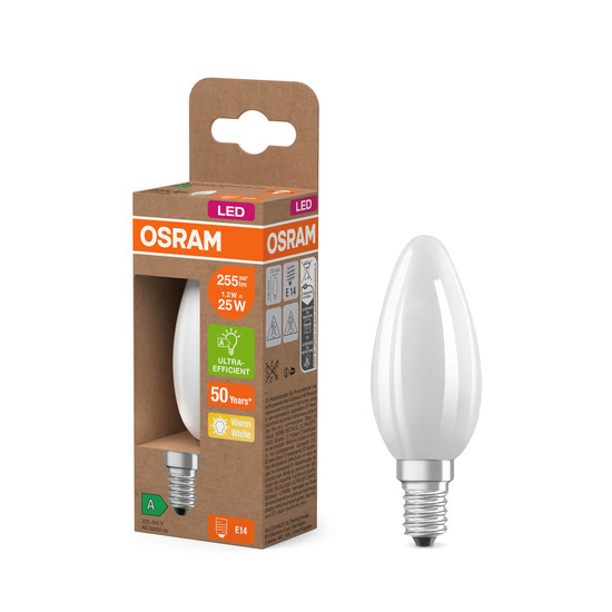 OSRAM LED Lampe CLASSIC B höchste Energieeffizienzklasse A 1.2W 827 Frosted E14 Warmweiss 4058075839267