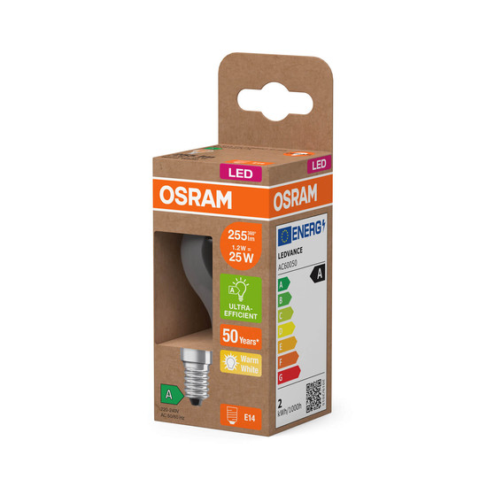 OSRAM LED Lampe CLASSIC P höchste Energieeffizienzklasse A 1.2W 827 Clear E14 Warmweiss 4058075839304
