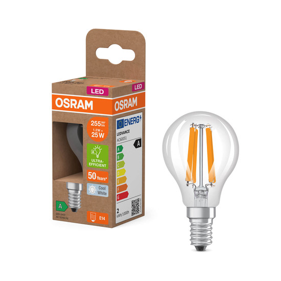 OSRAM LED Lampe CLASSIC P höchste Energieeffizienzklasse A 1.2W 840 Clear E14 Neutralweiss 4058075839328