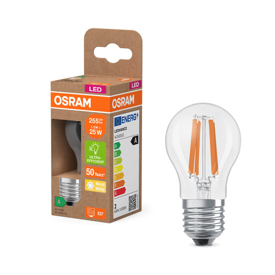 OSRAM LED Lampe CLASSIC P höchste Energieeffizienzklasse A 1.2W 827 Clear E27 Warmweiss 4058075839342
