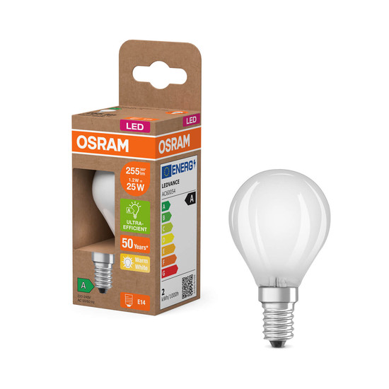 OSRAM LED Lampe CLASSIC P höchste Energieeffizienzklasse A 1.2W 827 Frosted E14 Warmweiss 4058075839380