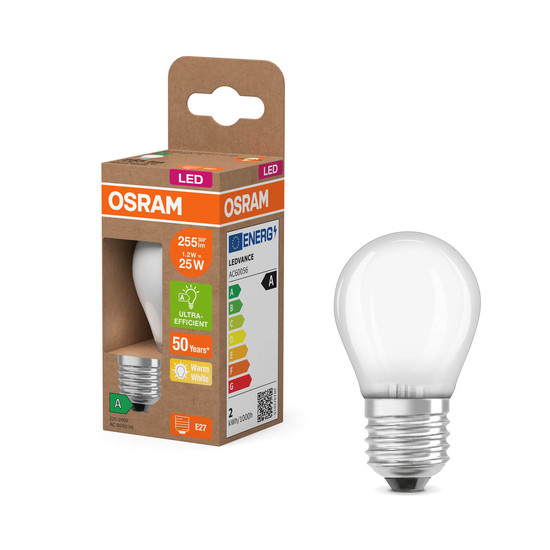 OSRAM LED Lampe CLASSIC P höchste Energieeffizienzklasse A 1.2W 827 Frosted E27 Warmweiss 4058075839427
