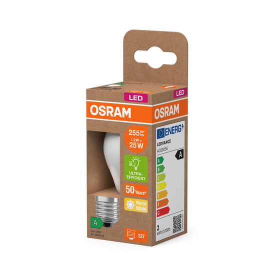 OSRAM LED Lampe CLASSIC P höchste Energieeffizienzklasse A 1.2W 827 Frosted E27 Warmweiss 4058075839427