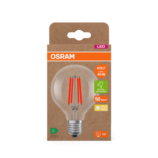OSRAM LED Lampe LAMPS ENERGY CLASS A höchste Energieeffizienzklasse A Filament CLASSIC Globe 2.2W 827 Clear E27 Warmweiss 4058075839465