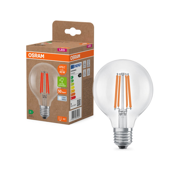 OSRAM LED Lampe LAMPS ENERGY CLASS A höchste Energieeffizienzklasse A Filament CLASSIC Globe 2.2W 840 Clear E27 Neutralweiss 4058075839489