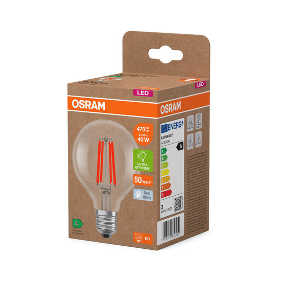 OSRAM LED Lampe LAMPS ENERGY CLASS A höchste Energieeffizienzklasse A Filament CLASSIC Globe 2.2W 840 Clear E27 Neutralweiss 4058075839489