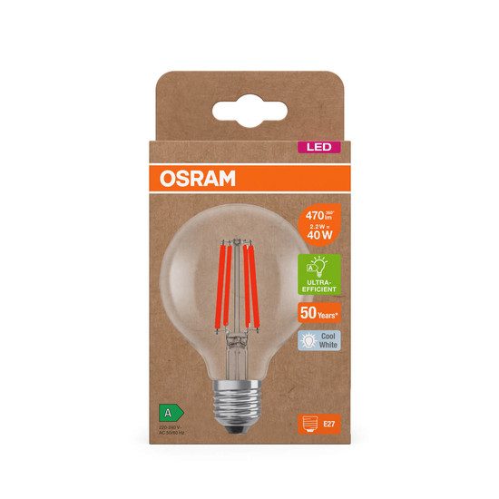 OSRAM LED Lampe LAMPS ENERGY CLASS A höchste Energieeffizienzklasse A Filament CLASSIC Globe 2.2W 840 Clear E27 Neutralweiss 4058075839489