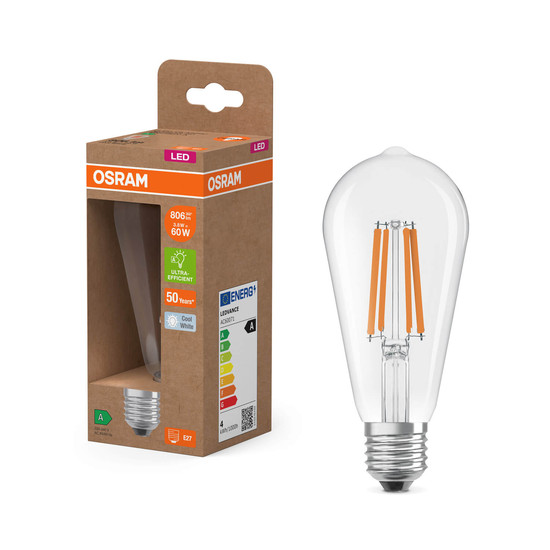 OSRAM LED Lampe LAMPS ENERGY CLASS A höchste Energieeffizienzklasse A Filament CLASSIC Edison 3.8W 840 Clear E27 Neutralweiss 4058075839762