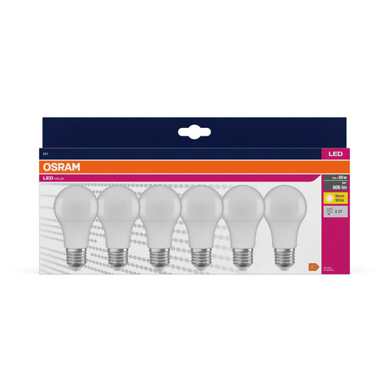 6er Pack OSRAM LED Lampe VALUE CLASSIC A 8.5W 827 Frosted E27 Warmweiss 4058075845640