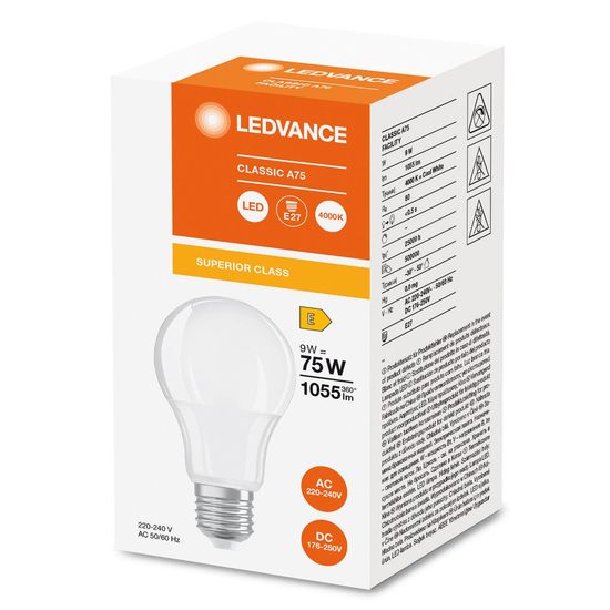 LEDVANCE LED CLASSIC Lampe FACILITIES AC/DC 9W 840 gefrostet E27 1055lm 4000K neutralweiss wie 75W 4099854044212