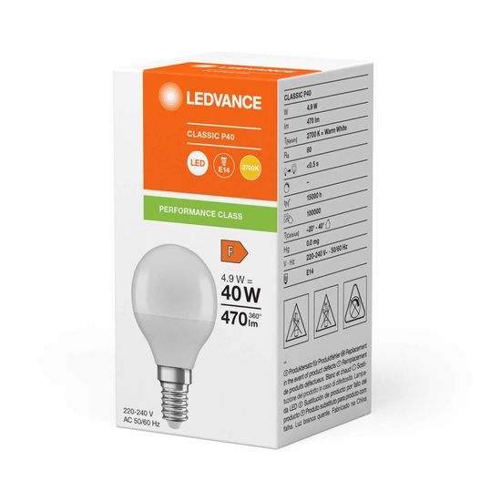 LEDVANCE LED CLASSIC P 4.9W 827 gefrostet E14 Lampe 470lm 2700K warmweiss wie 40W 4099854049385