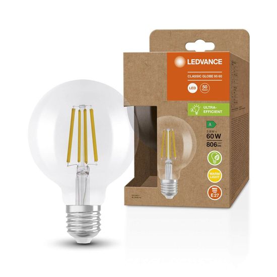 LEDVANCE LED CLASSIC GLOBE höchste Effizienzklasse A 3.8W 830 klar E27 Lampe 806lm 3000K warmweiss wie 60W 4099854060250