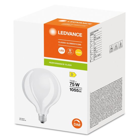 LEDVANCE LED CLASSIC GLOBE 7.5W 827 gefrostet E27 Lampe 1055lm 2700K warmweiss wie 75W dimmbar 4099854060717