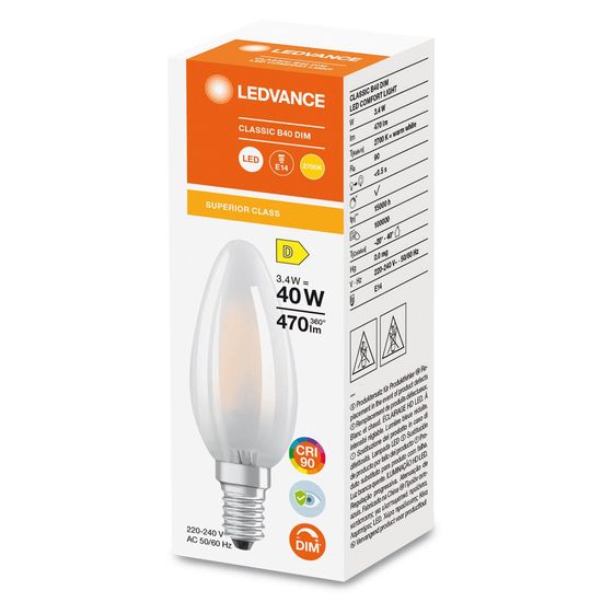 LEDVANCE LED CLASSIC B CRI90 3.4W 927 gefrostet E14 Lampe 470lm 2700K warmweiss wie 40W dimmbar 4099854061738