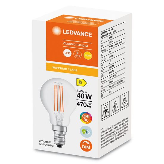 LEDVANCE LED CLASSIC CRI90 3.4W 927 klar E14 Lampe 470lm 2700K warmweiss wie 40W dimmbar 4099854063244