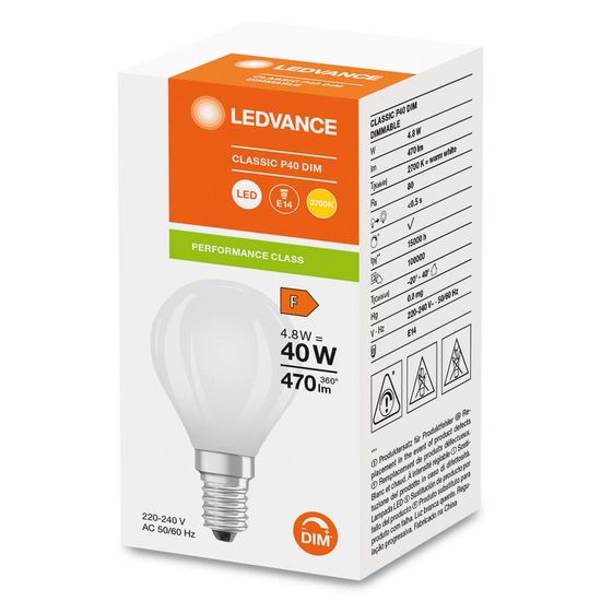 LEDVANCE LED CLASSIC 4.8W 827 gefrostet E14 Lampe 470lm 2700K warmweiss wie 40W dimmbar 4099854067709