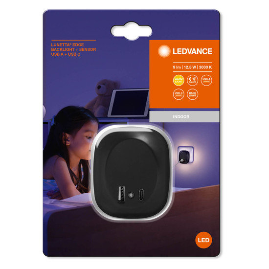 LEDVANCE LED Nachtlicht Lunetta Edge USB A&C 3000K Black Warmweiss 4099854088551