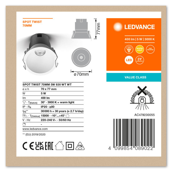 LEDVANCE LED Spot SPOT RECESS TWIST PRO 70mm 5W 3000K White White Warmweiss 4099854089022