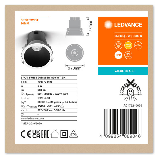 LEDVANCE LED Spot SPOT RECESS TWIST PRO 70mm 5W 3000K White Black Warmweiss 4099854089046