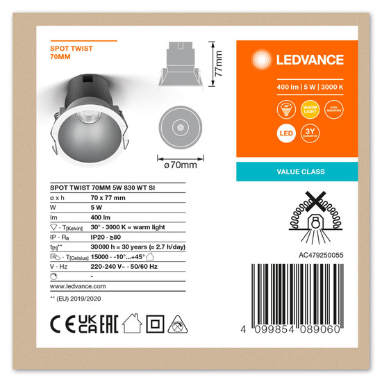 LEDVANCE LED Spot SPOT RECESS TWIST PRO 70mm 5W 3000K White Silver Warmweiss 4099854089060