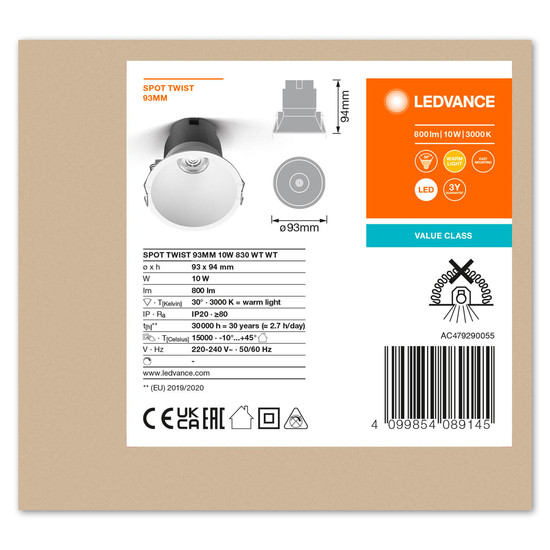 LEDVANCE LED Spot SPOT RECESS TWIST PRO 93mm 10W 3000K White White Warmweiss 4099854089145