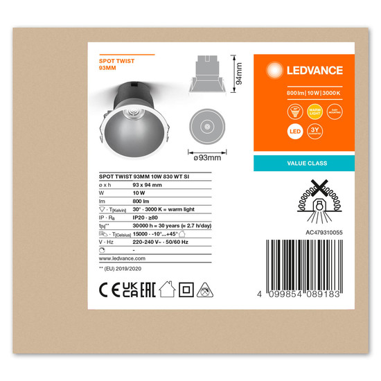 LEDVANCE LED Spot SPOT RECESS TWIST PRO 93mm 10W 3000K White Silver Warmweiss 4099854089183