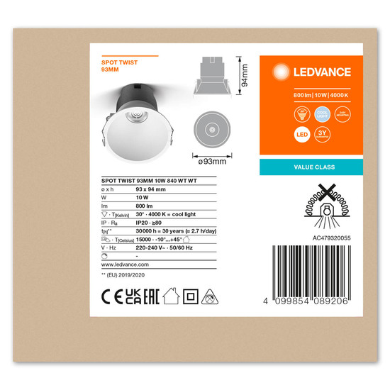 LEDVANCE LED Spot SPOT RECESS TWIST PRO 93mm 10W 4000K White White Neutralweiss 4099854089206