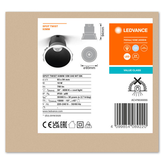 LEDVANCE LED Spot SPOT RECESS TWIST PRO 93mm 10W 4000K White Black Neutralweiss 4099854089220