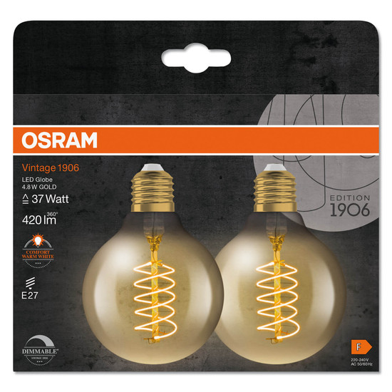 2er Pack OSRAM LED Lampe Vintage 1906 CLASSIC SLIM Filament Globe 4.8W 822 Gold E27 Dimmbar Warmweiss 4099854147876