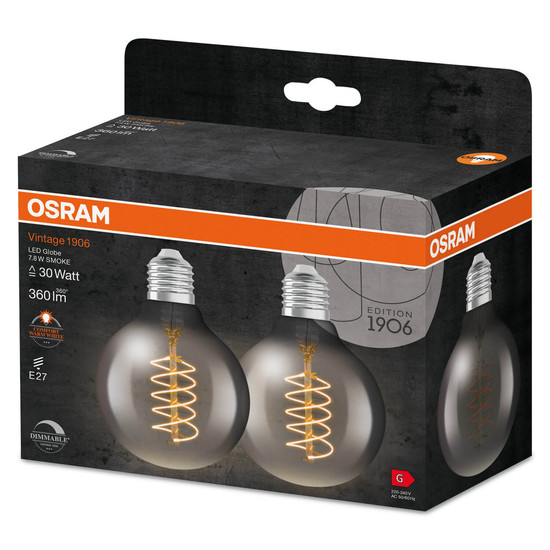 2er Pack OSRAM LED Lampe Vintage 1906 CLASSIC SLIM Filament Globe 7.8W 818 Smoke E27 Dimmbar Warmweiss 4099854147890