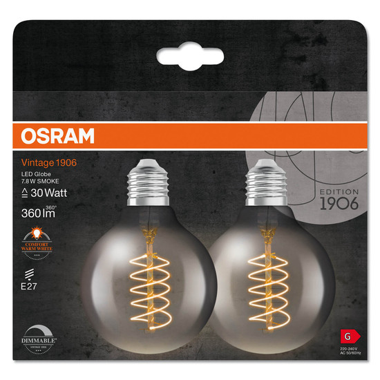 2er Pack OSRAM LED Lampe Vintage 1906 CLASSIC SLIM Filament Globe 7.8W 818 Smoke E27 Dimmbar Warmweiss 4099854147890