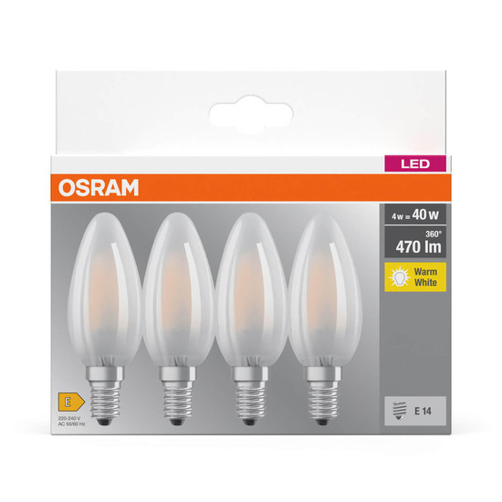 4er Pack OSRAM LED Lampe BASE CLASSIC B 4W 827 Frosted E14 Warmweiss 4099854338670