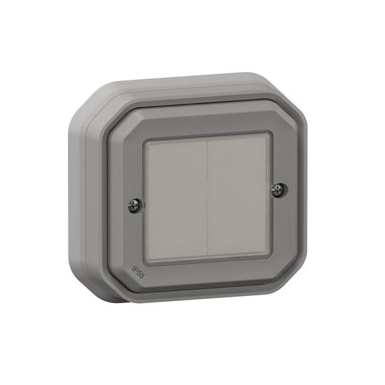 Legrand PLEXO New Feuchtraum Connected-Smart-Home-Doppelschalter, Wandsender, Aufputz Schalter, An-Aus, Home+Control-App, IP55 wasserfest, stoßfest, grau, 069819L