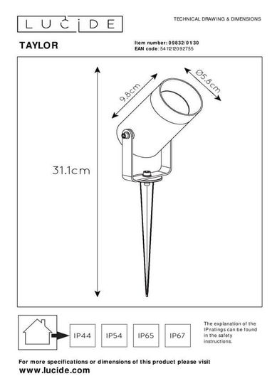 Lucide TAYLOR Gartenstrahler GU10 360° drehbar Schwarz IP65 09832/01/30