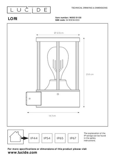 Lucide LORI Außen-Wandleuchte E27 Anthrazit Sensor IP44 14893/01/30