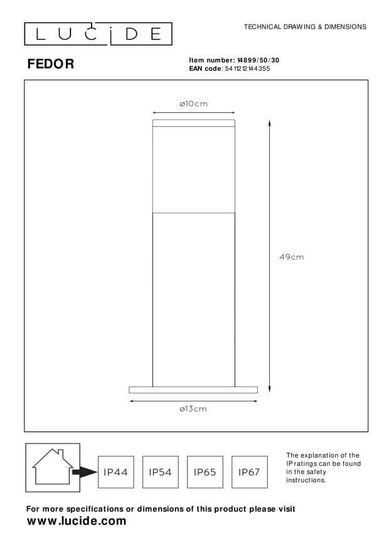 Lucide FEDOR Pollerleuchte E27 Schwarz IP44 14899/50/30