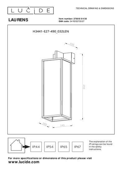 Lucide LAURENS Wandleuchte E27 Schwarz, Mattes Gold, Messing IP54 27806/01/30