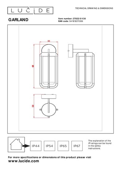 Lucide GARLAND Wandleuchte E27 Schwarz, Transparent IP44 27822/01/30