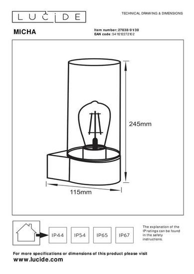 Lucide MICHA Außen-Wandleuchte E27 Schwarz, Transparent IP44 27838/01/30