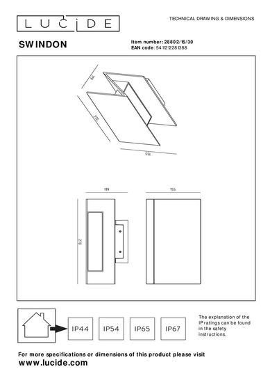 Lucide SWINDON LED Wandleuchte 16W Schwarz IP54 28802/15/30