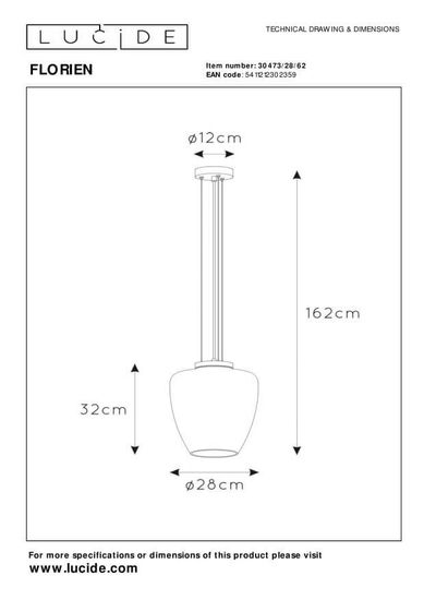 Lucide FLORIEN Pendelleuchte E27 Amber, Mattes Gold, Messing 30473/28/62