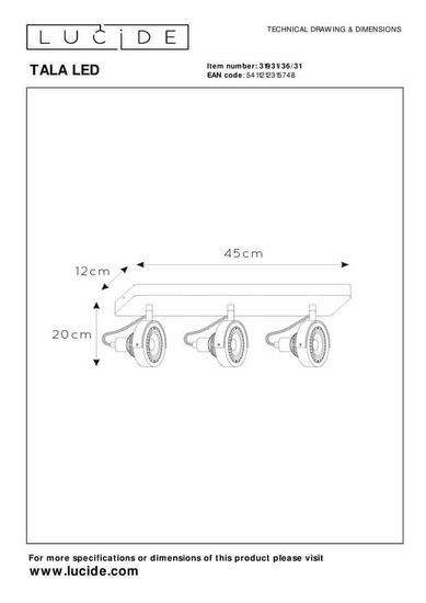 Lucide TALA LED LED Deckenleuchte 3x GU10 Dim-to-warm 3x 12W dimmbar 360° drehbar Weiß 95Ra 31931/36/31