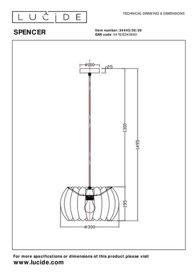 Lucide SPENCER Pendelleuchte E27 Schwarz 34445/30/30