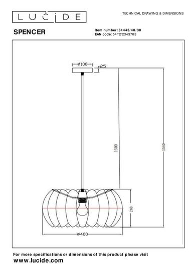 Lucide SPENCER Pendelleuchte E27 Schwarz 34445/40/30