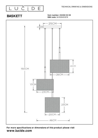 Lucide BASKETT Pendelleuchte 3x E27 Schwarz, Helles Holz 45459/03/30