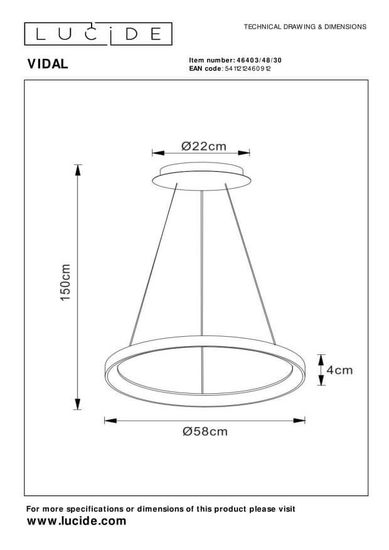 Lucide VIDAL LED Pendelleuchte 48W dimmbar Schwarz, Opal 46403/48/30